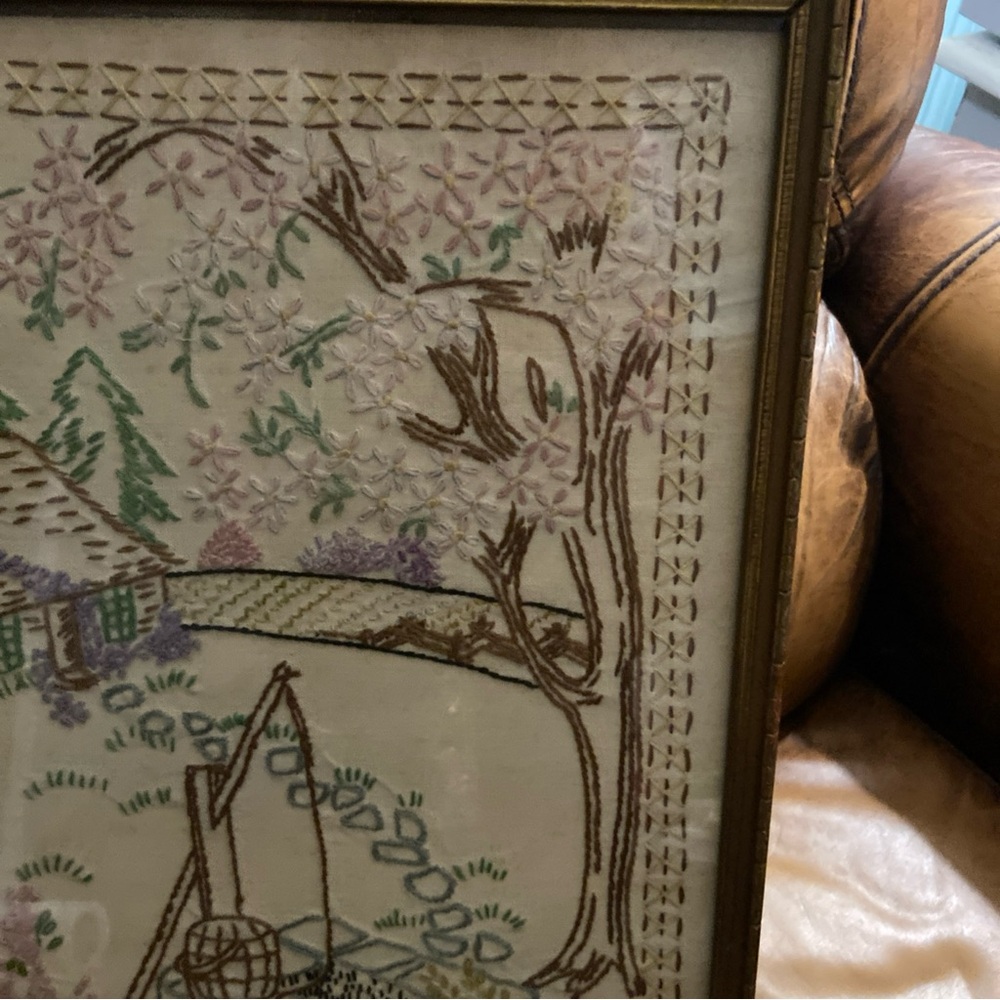 Vintage Crewel Embroidery Picture Old Oaken Bucket Framed Linen Art Cottagecore - Picture 5 of 9